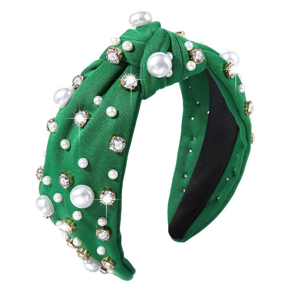 Pearl Knotted Headband Green Fabric Wide Top Knot Elegant Ladies Accessory
